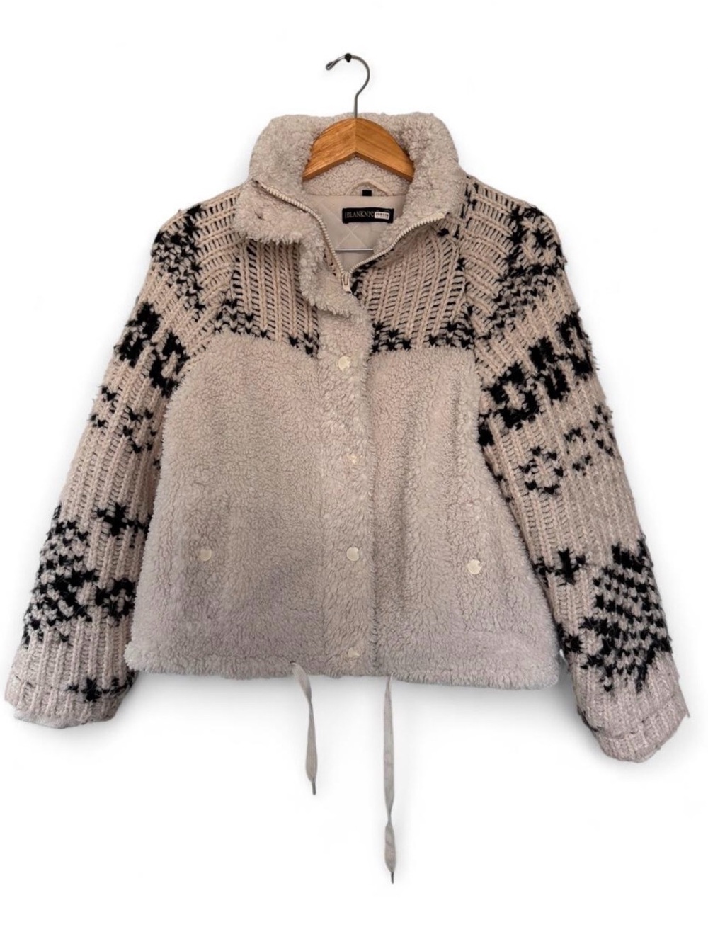 Blank NYC Cream Sherpa Jacket with Black Knit Pattern